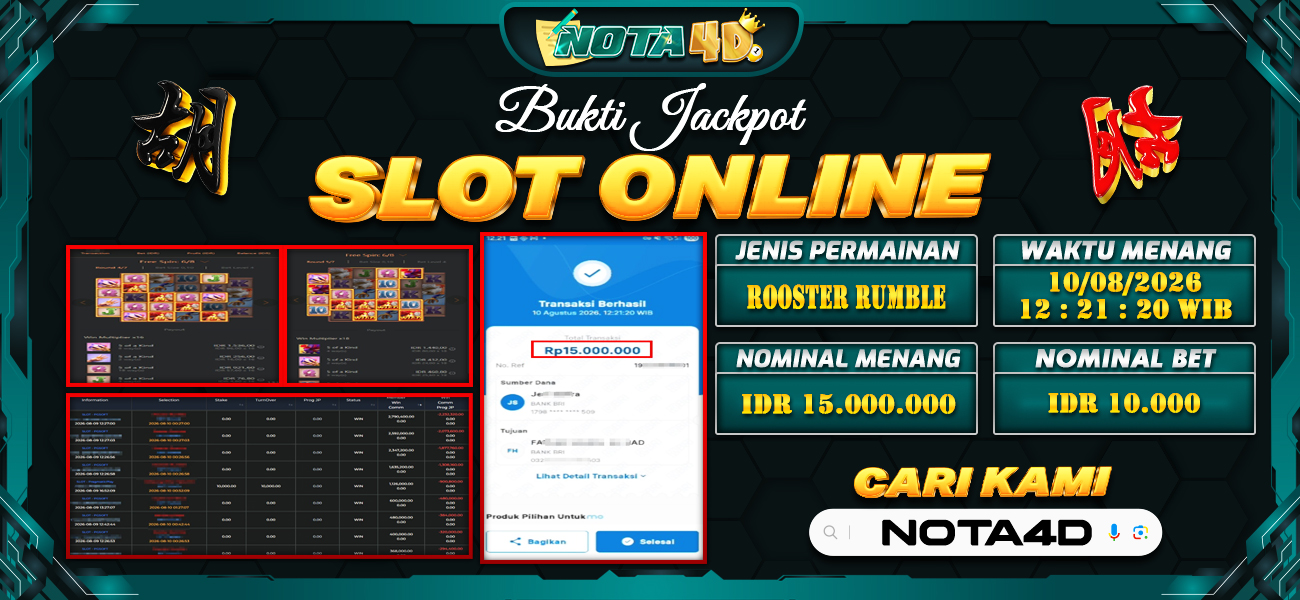 Bukti Kemenangan Besar Dibayar lunas Member NOTA4D RP 15.000.000, 10 Agustus 2026