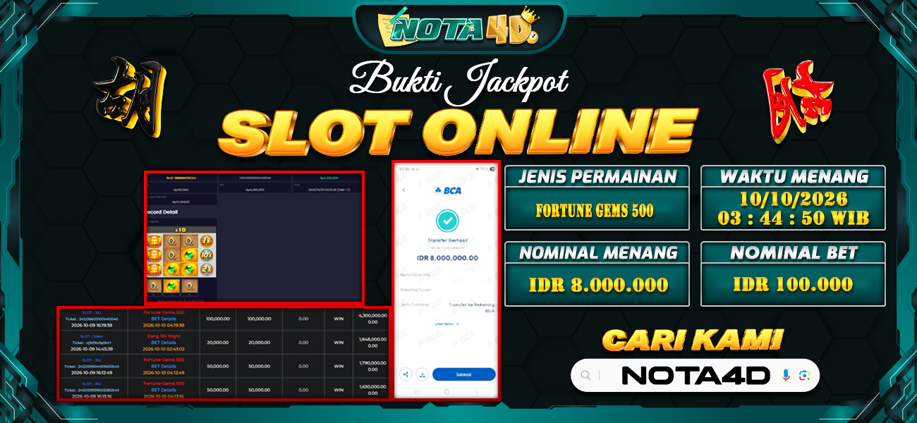 Bukti Kemenangan Besar Dibayar lunas Member NOTA4D RP 8.000.000, 10 Oktober 2026