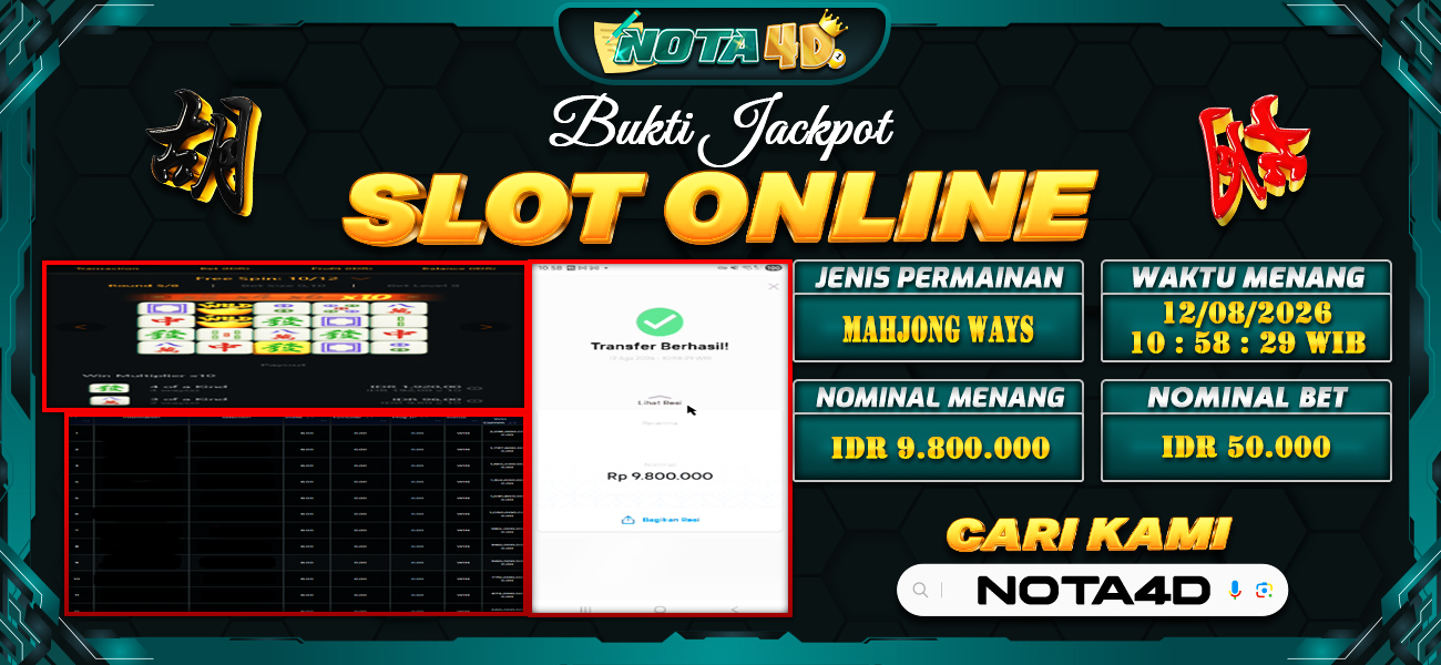 Bukti Kemenangan Besar Dibayar lunas Member NOTA4D RP 9.800.000, 12 Agustus 2026
