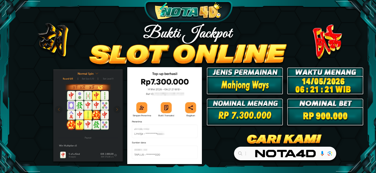 Bukti Kemenangan Besar Dibayar lunas Member NOTA4D RP 7.300.000, 14 Mei 2026