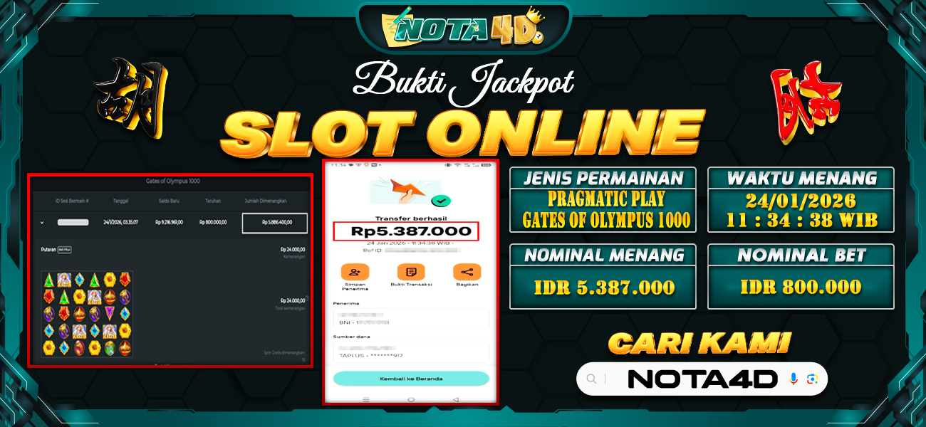 Bukti Kemenangan Besar Dibayar lunas Member NOTA4D RP 5.387.000, 25 Januari 2026