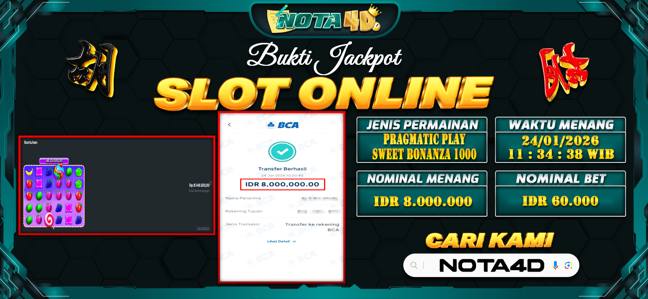 Bukti Kemenangan Besar Dibayar lunas Member NOTA4D RP 8.000.000, 25 Januari 2026
