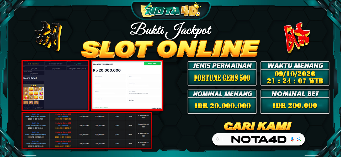Bukti Kemenangan Besar Dibayar lunas Member NOTA4D RP 20.000.000, 9 Oktober 2026